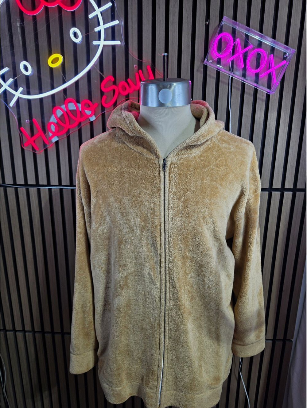 Vtg Mighty Fine Men's Full Zip Hooded Hoodie Tan Velour Polyester Solid XL